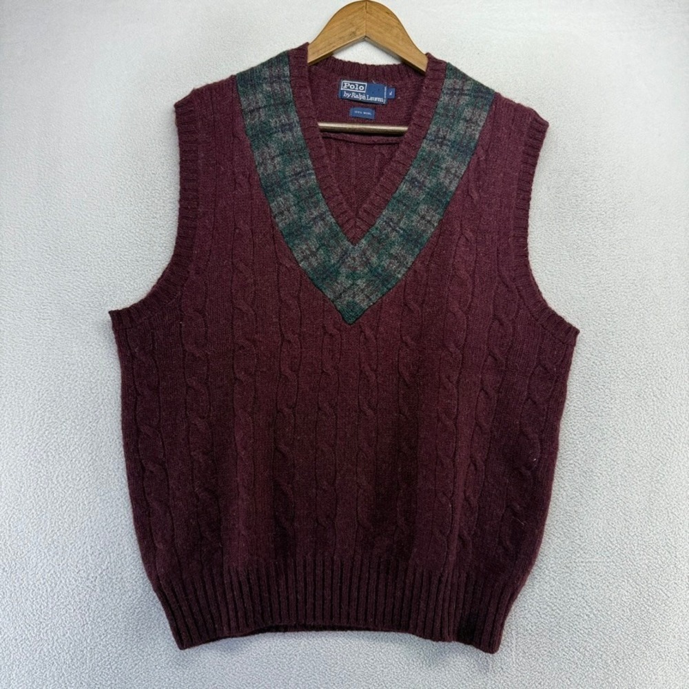Vintage Ralph Lauren Sweater Vest Mens XL Red Plaid Cable Knit Deadstock wool